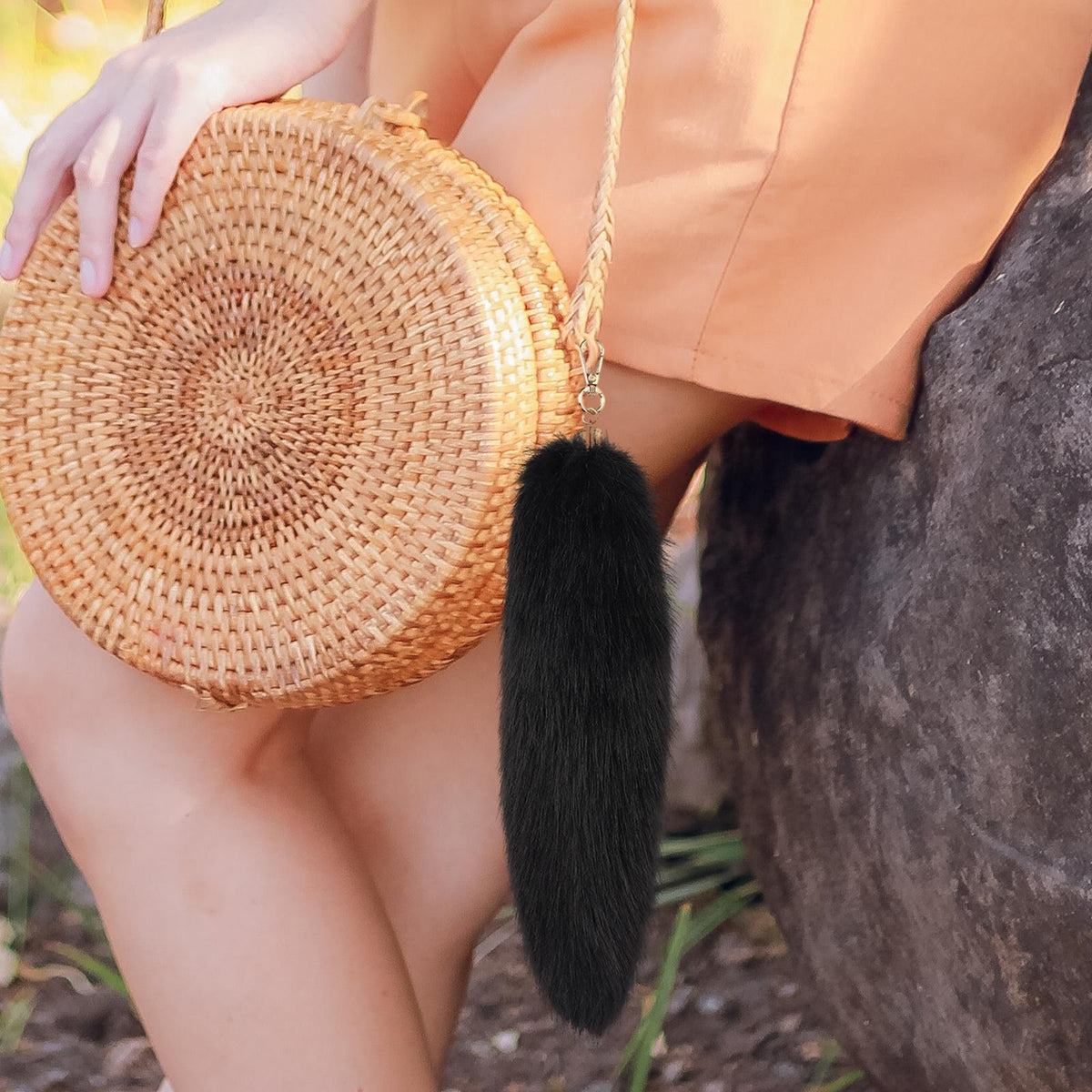 Faux Fur Tail Keyring Charm, Black Plush Bag Pendant
