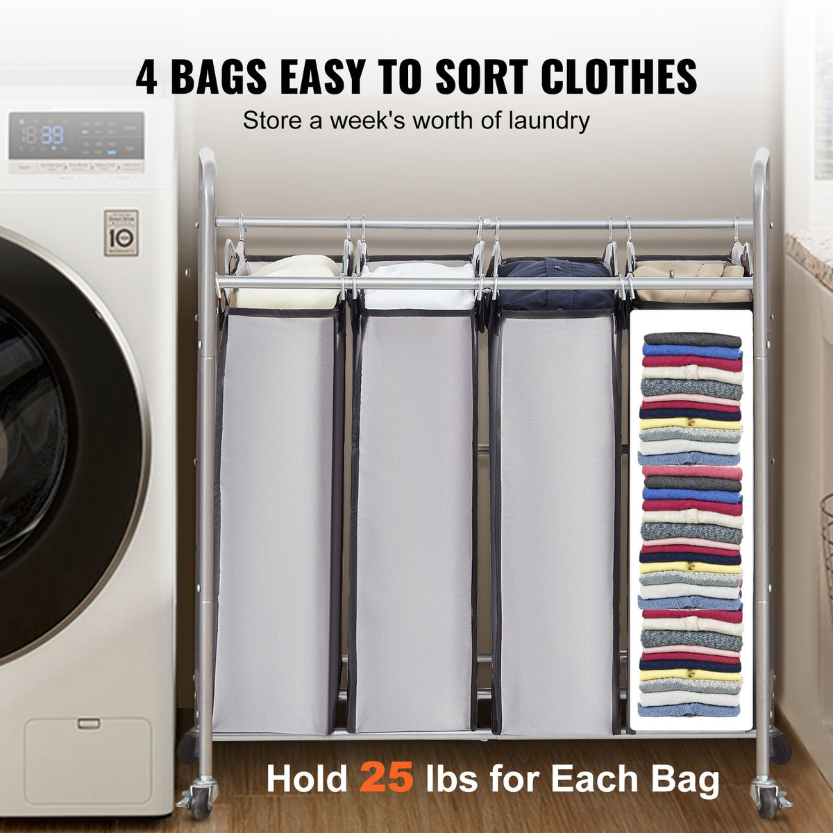 4 Section Laundry Sorter Cart with Lockable Wheels and Removable Bags