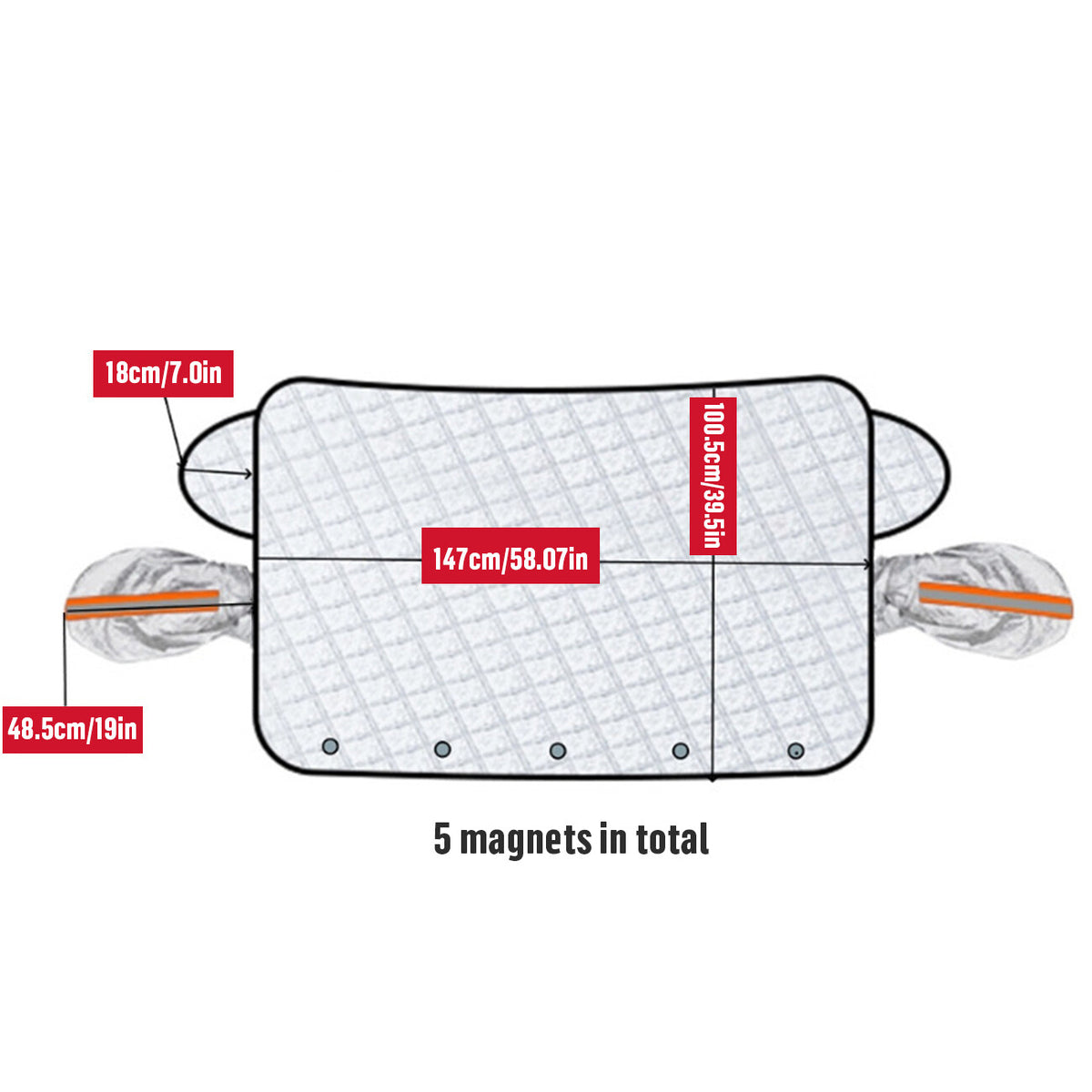 Size diagram: main panel approx. 147 x 100 cm, side flaps approx. 18 cm, mirror covers approx. 48.5 cm, 5 magnets in total