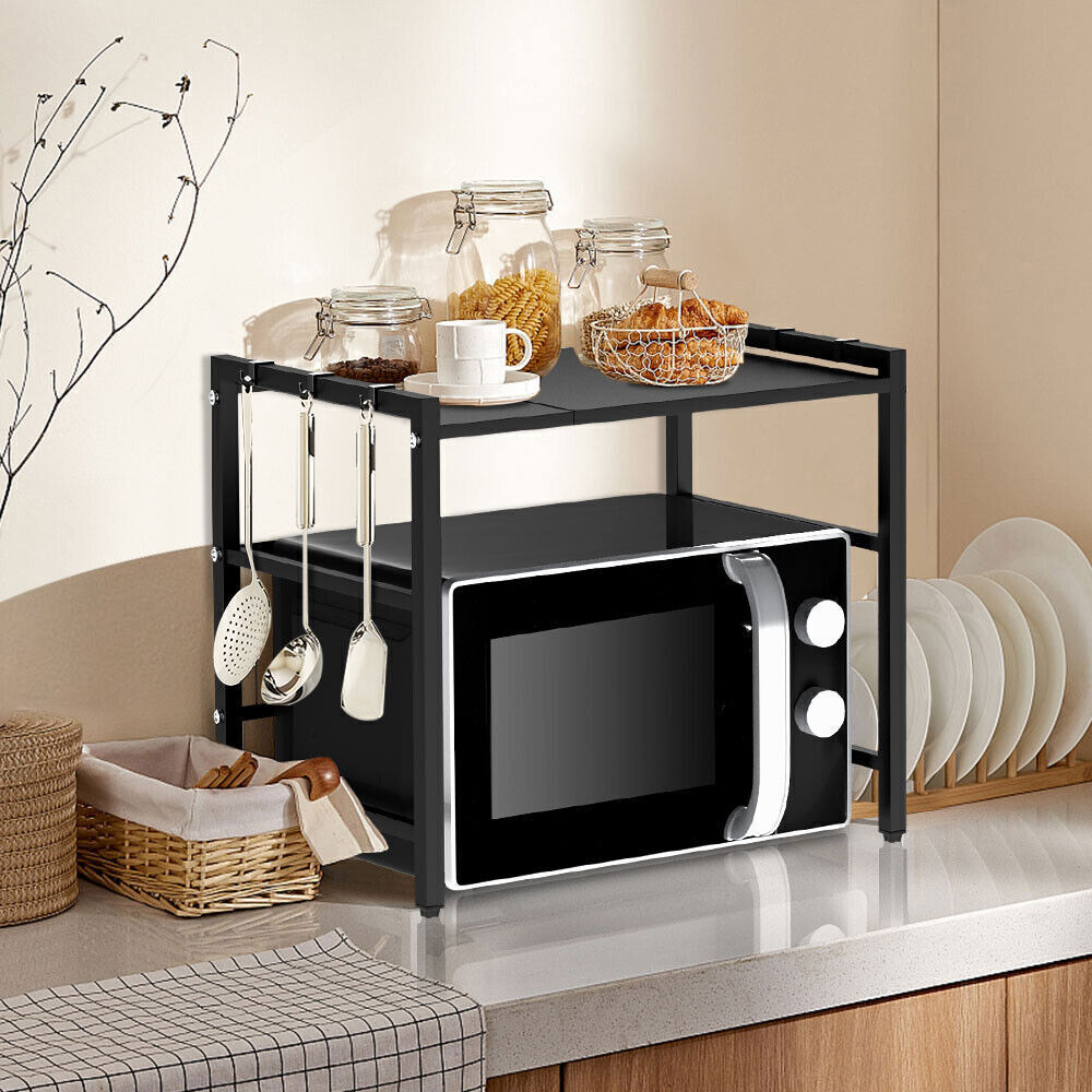 Black Expandable Microwave Rack with 6 Hooks, Single Tier
