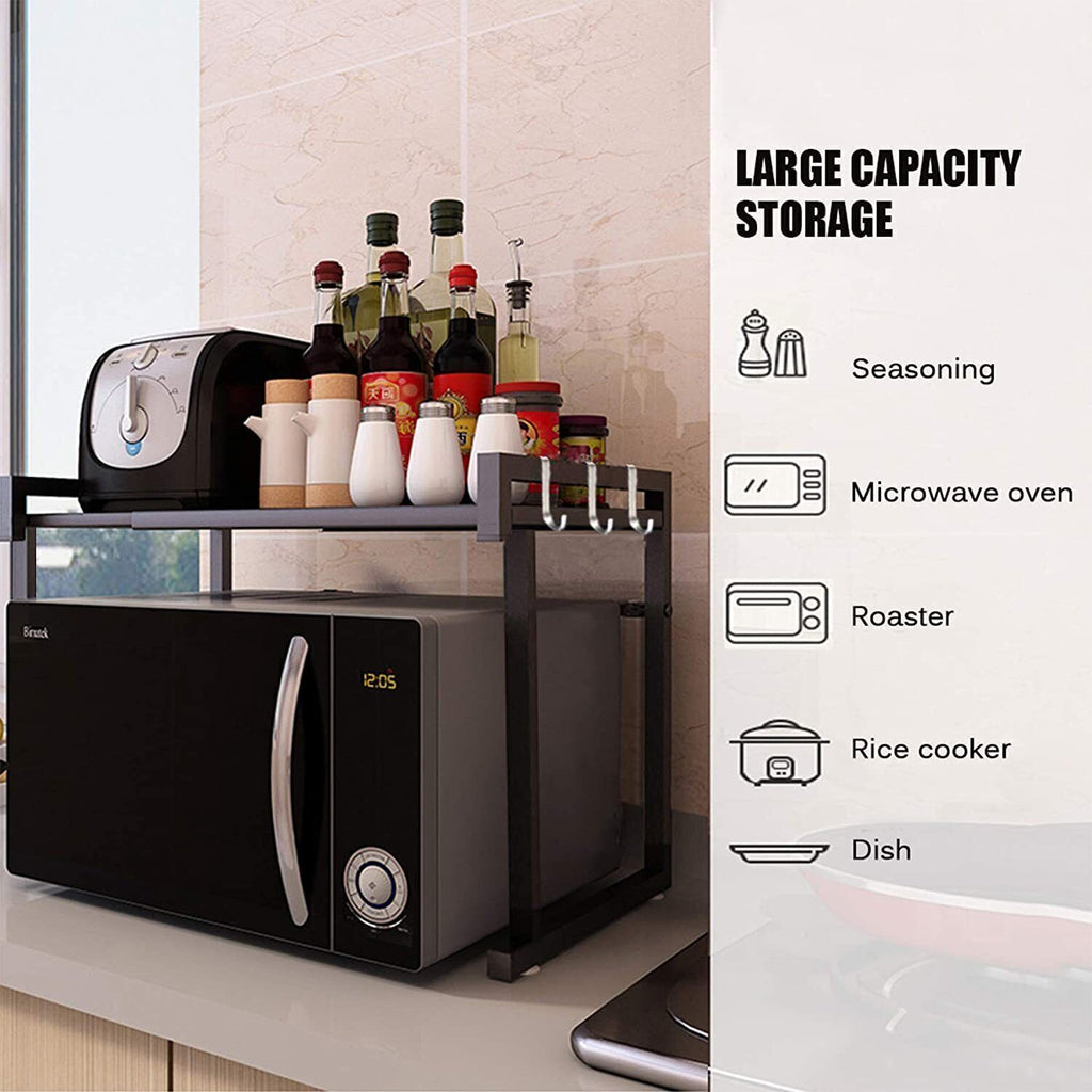 Black Expandable Microwave Rack with 6 Hooks, Single Tier