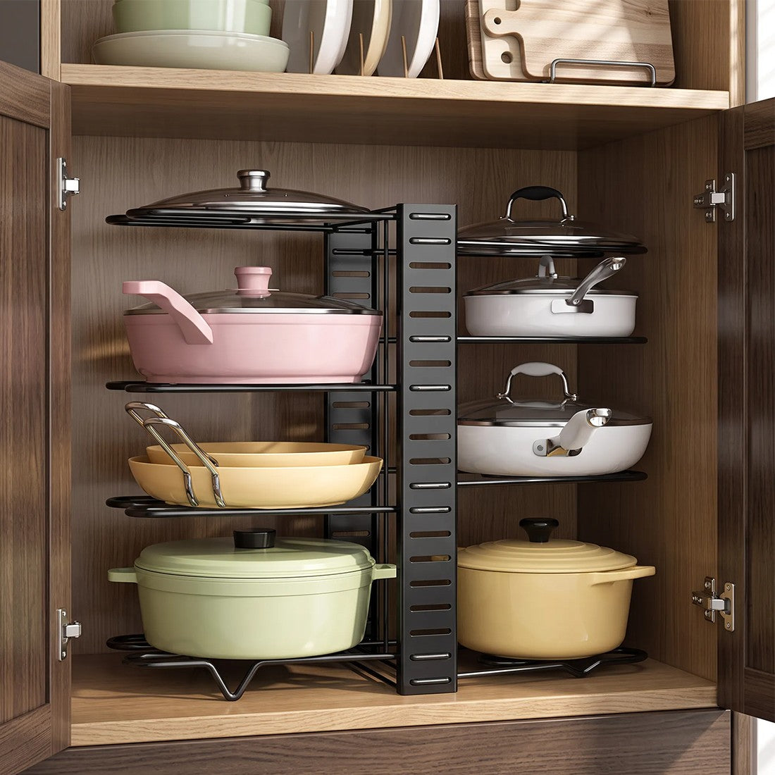 8 Tier Adjustable Pan Organiser Rack, Black Carbon Steel