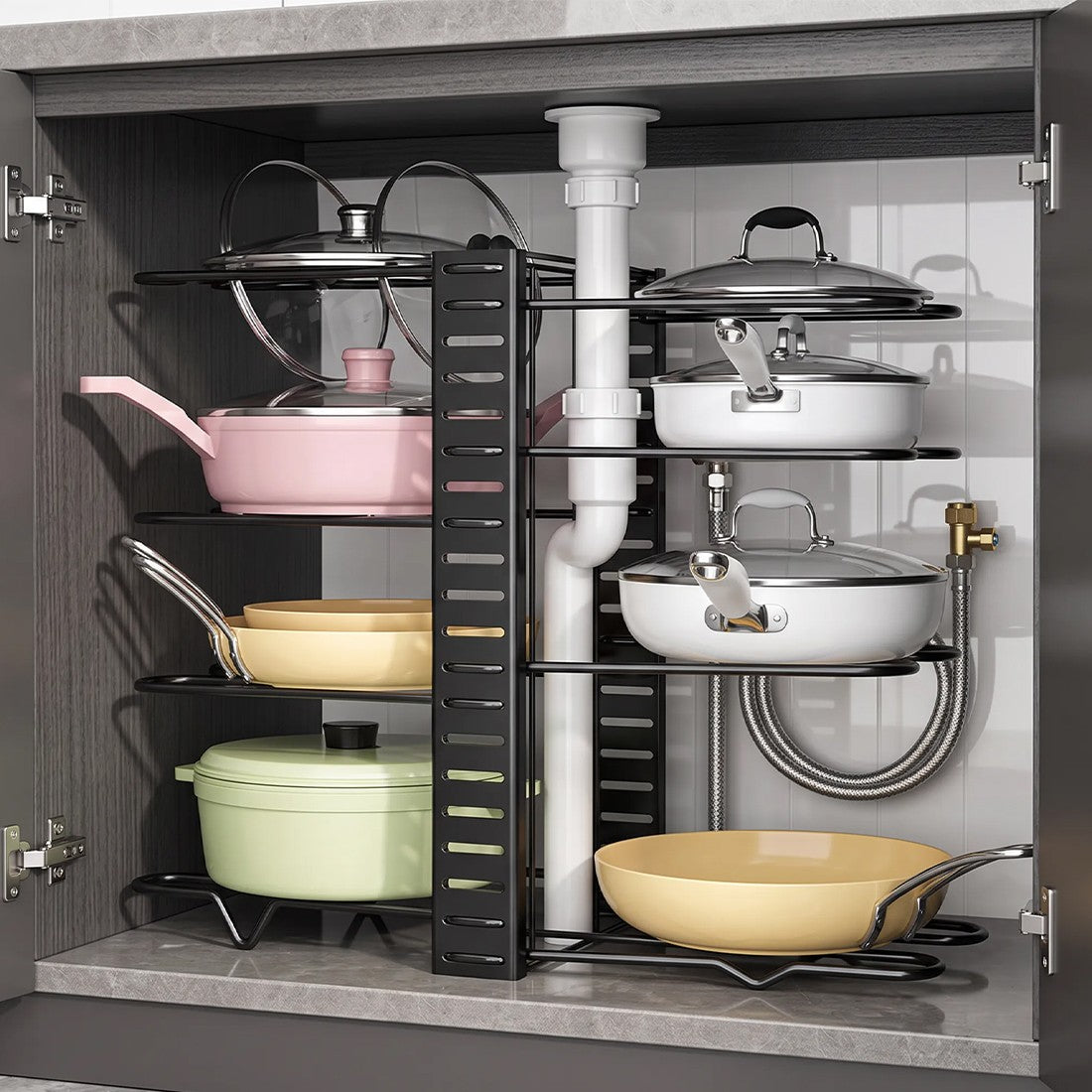 8 Tier Adjustable Pan Organiser Rack, Black Carbon Steel