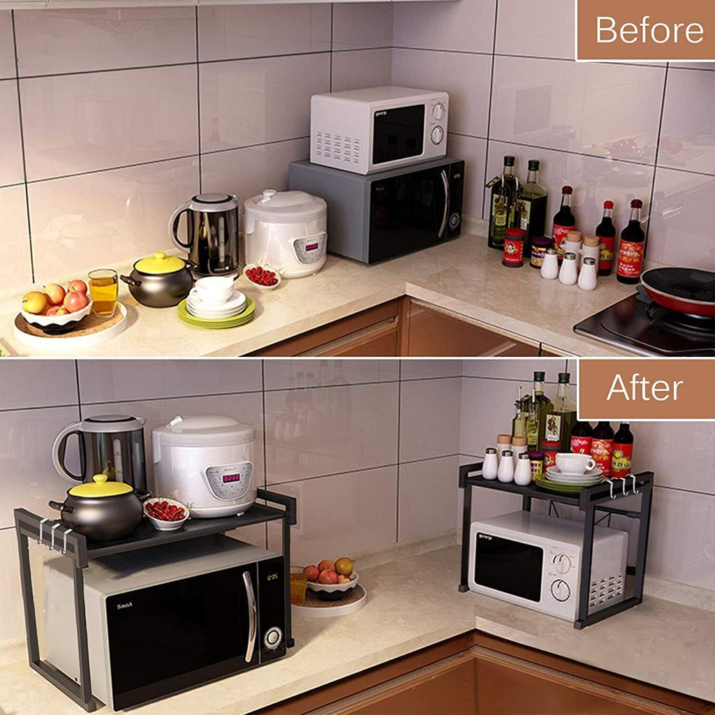 Black Expandable Microwave Rack with 6 Hooks, Single Tier