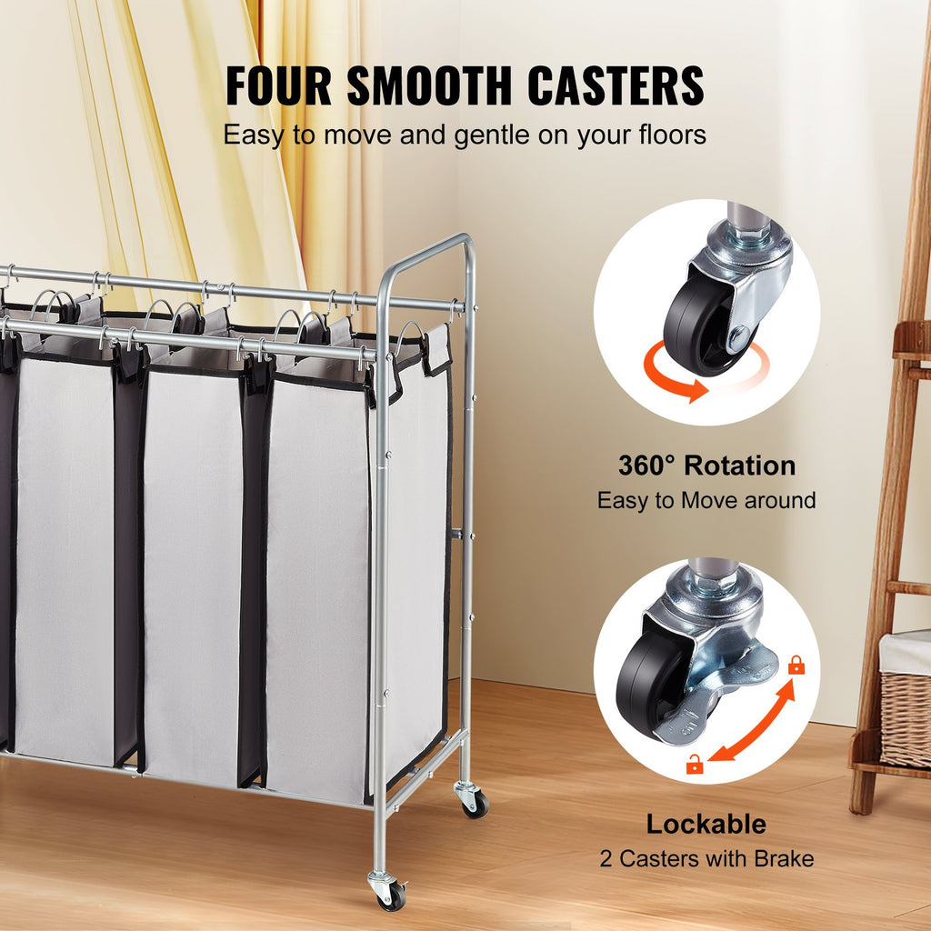 4 Section Laundry Sorter Cart with Lockable Wheels and Removable Bags
