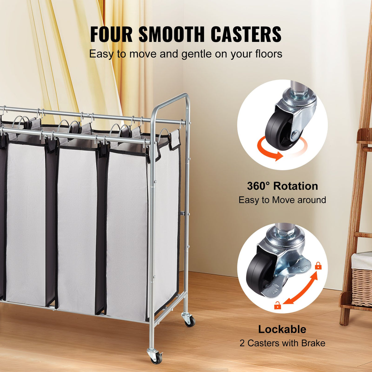 4 Section Laundry Sorter Cart with Lockable Wheels and Removable Bags