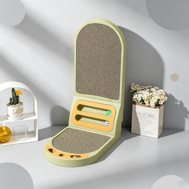 L-Shaped Cat Scratcher Board with Bell Toys and Lounge Bed