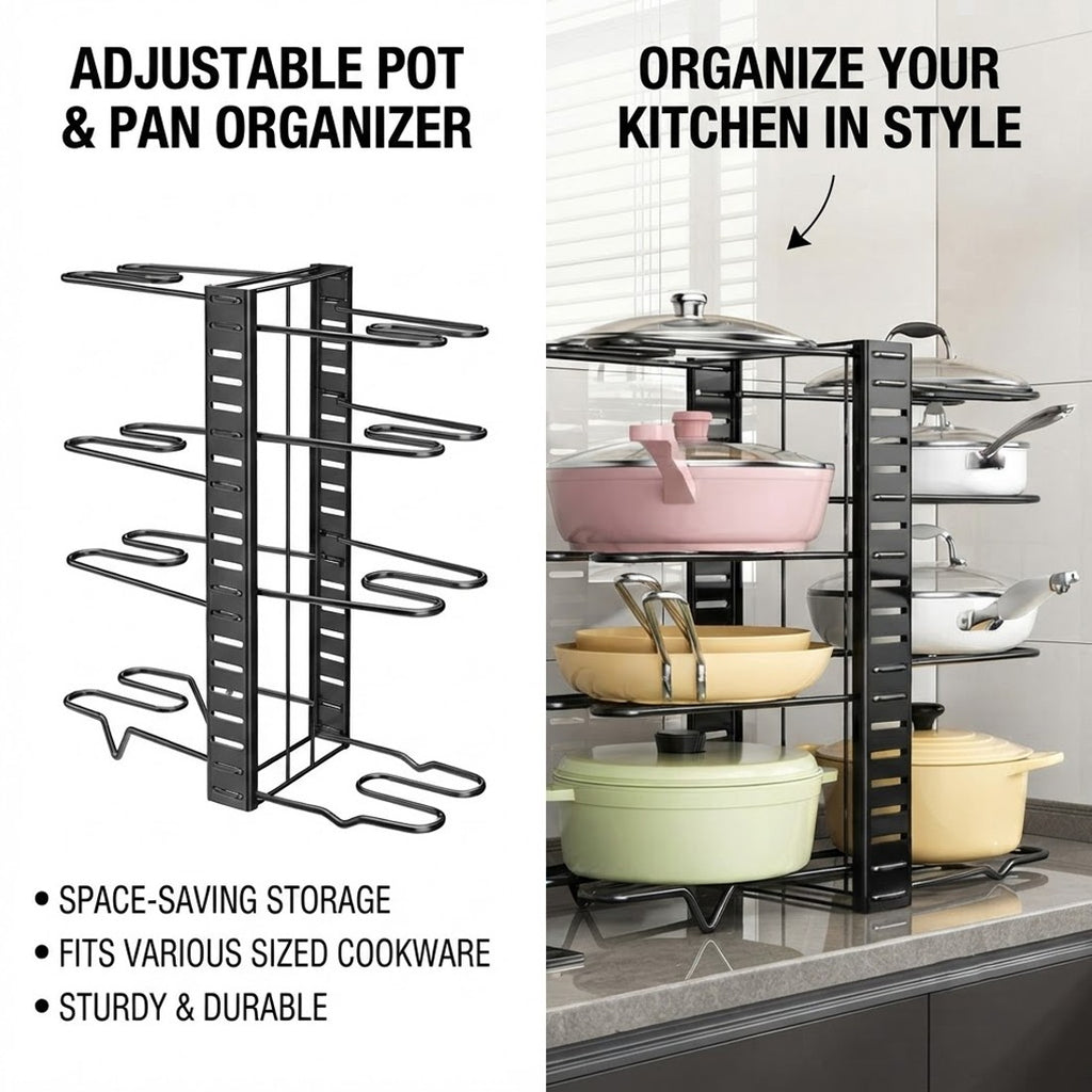 8 Tier Adjustable Pan Organiser Rack, Black Carbon Steel
