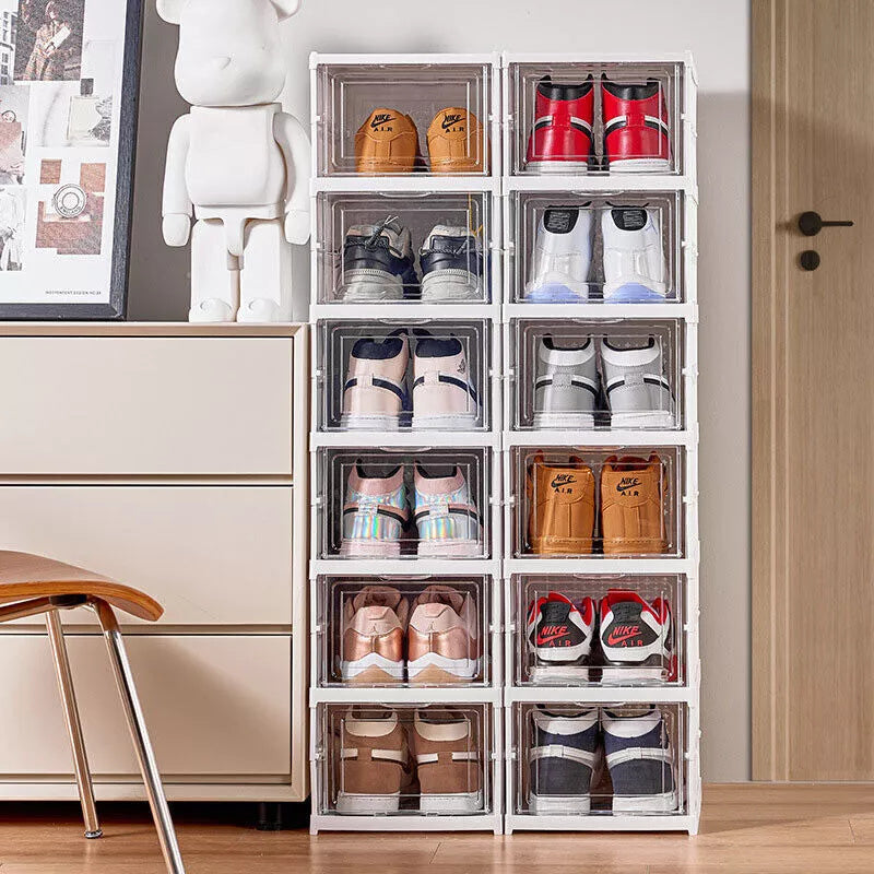 6 Tier Plastic Shoe Storage Box, Stackable and Foldable Trainer Organi