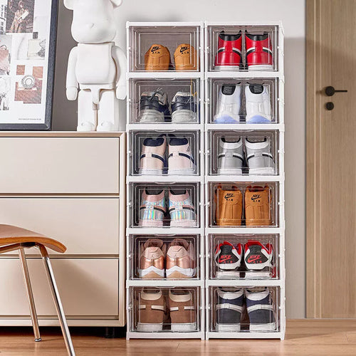6 Tier Plastic Shoe Storage Box, Stackable and Foldable Trainer Organi