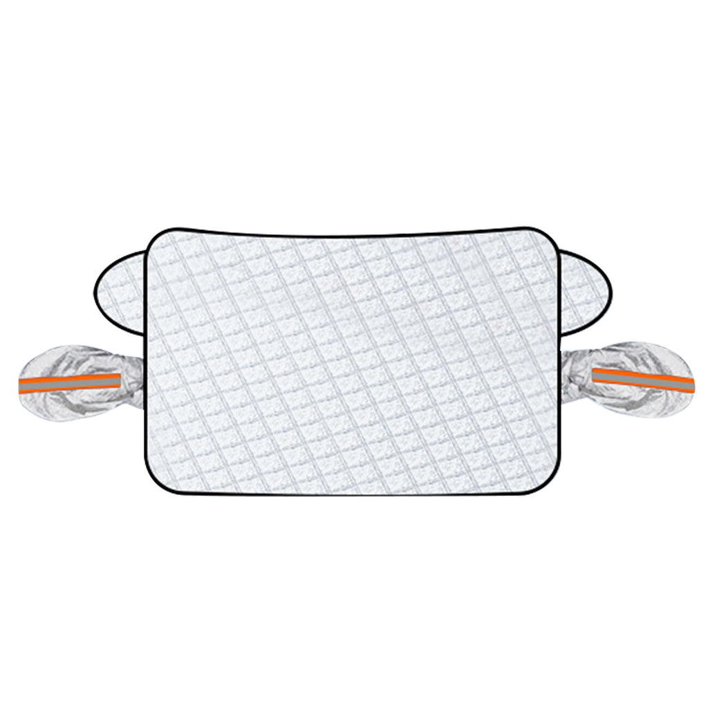 Silver magnetic windscreen frost cover laid flat with two wing mirror covers with orange reflective strips (supplier photo)