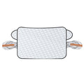 Silver magnetic windscreen frost cover laid flat with two wing mirror covers with orange reflective strips (supplier photo)