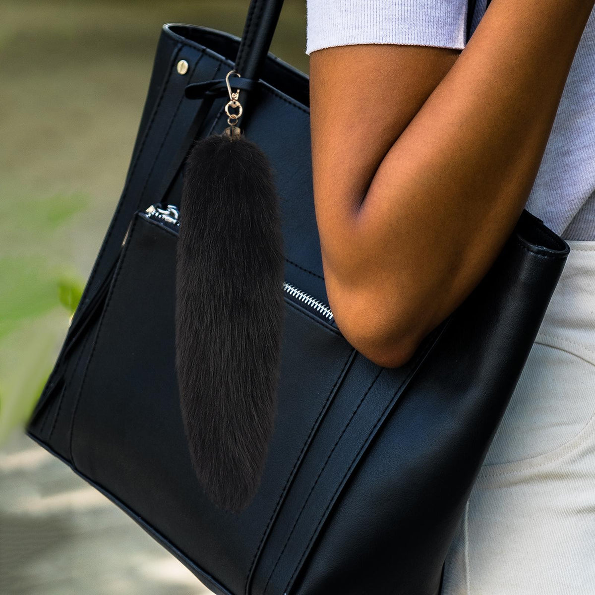 Faux Fur Tail Keyring Charm, Black Plush Bag Pendant