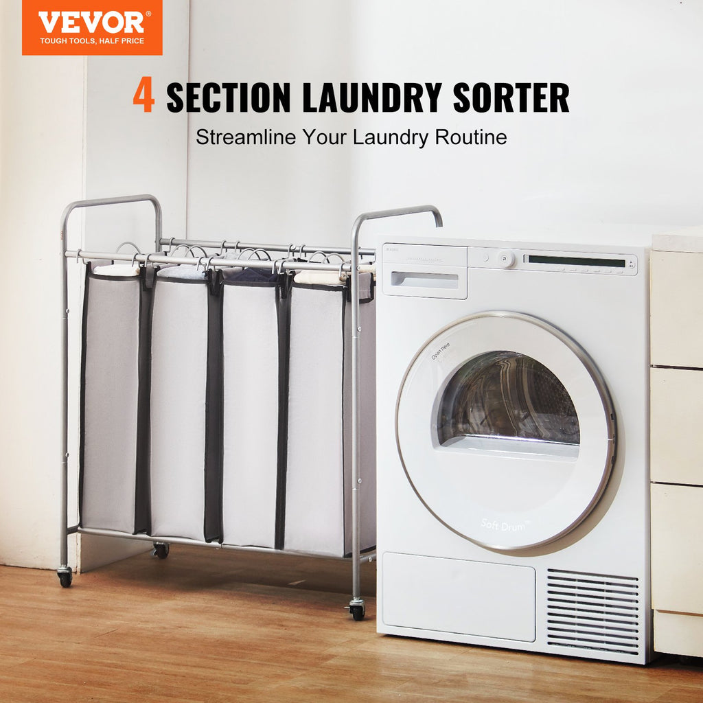 4 Section Laundry Sorter Cart with Lockable Wheels and Removable Bags