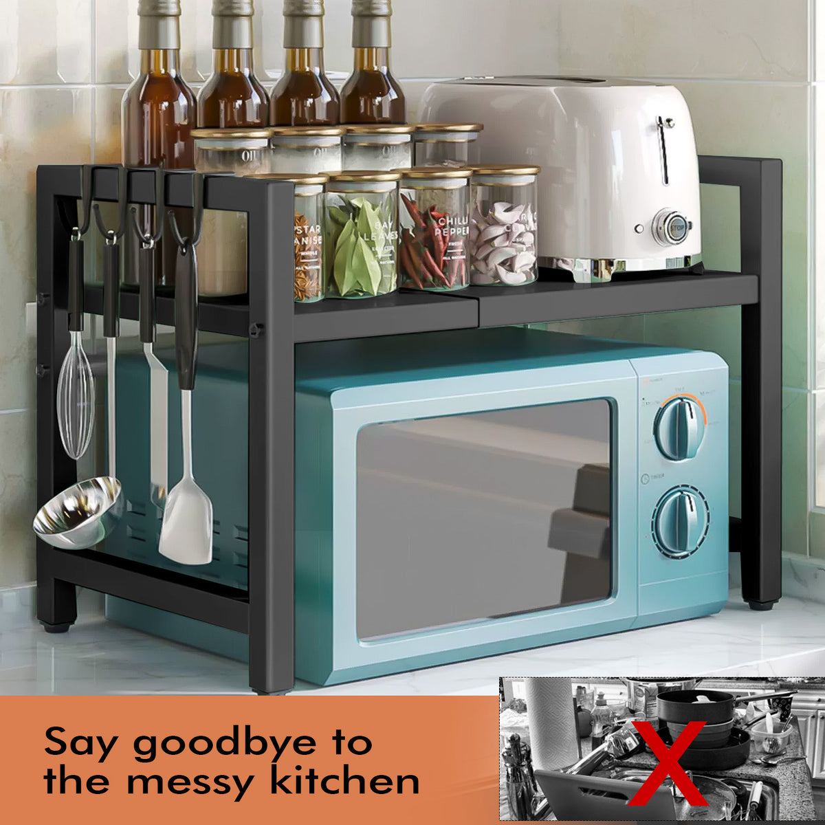 Black Expandable Microwave Rack with 6 Hooks, Single Tier