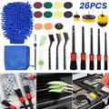 26-piece car detailing kit with brushes, wash mitt, microfibre towel, pads and drill brush heads