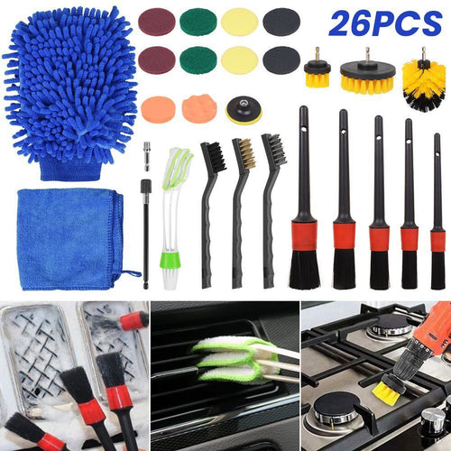26-piece car detailing kit with brushes, wash mitt, microfibre towel, pads and drill brush heads