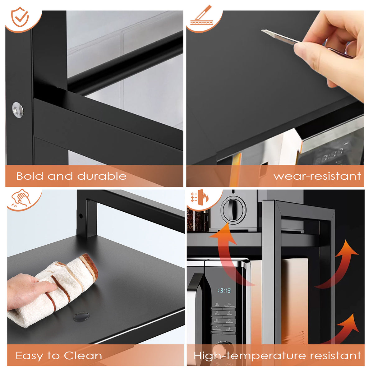Black Expandable Microwave Rack with 6 Hooks, Single Tier