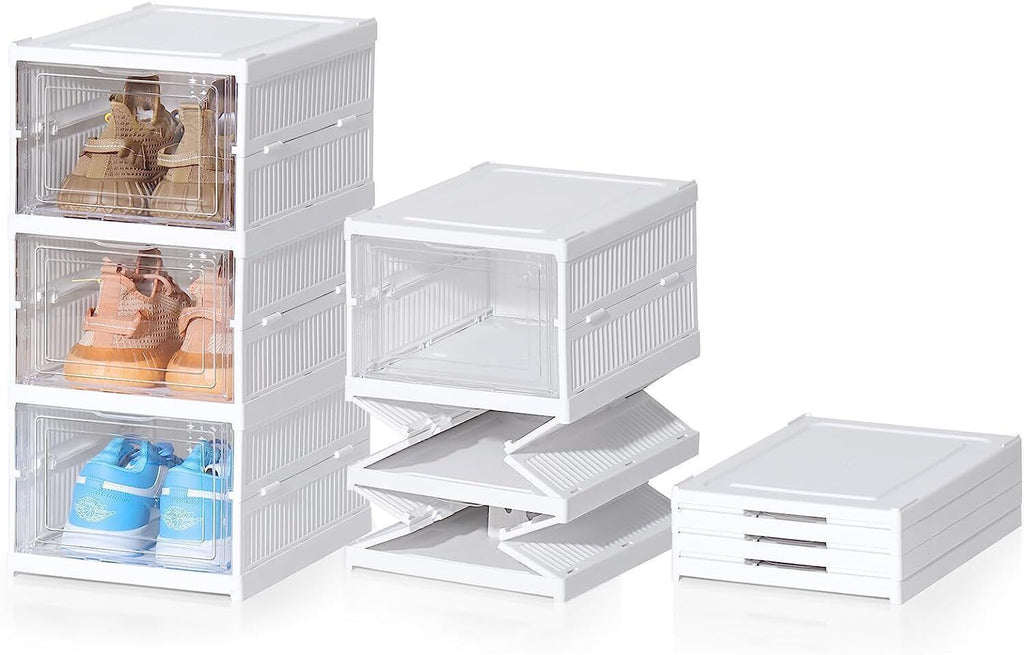 6 Tier Plastic Shoe Storage Box, Stackable and Foldable Trainer Organi