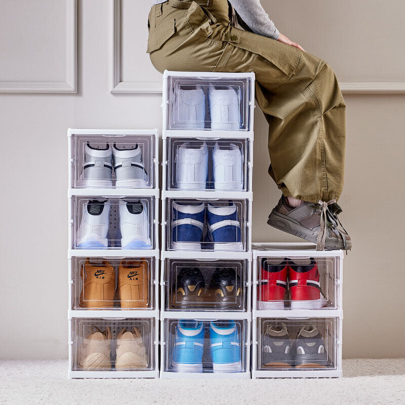 6 Tier Plastic Shoe Storage Box, Stackable and Foldable Trainer Organi
