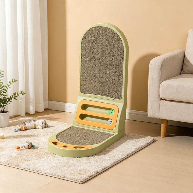 L-Shaped Cat Scratcher Board with Bell Toys and Lounge Bed