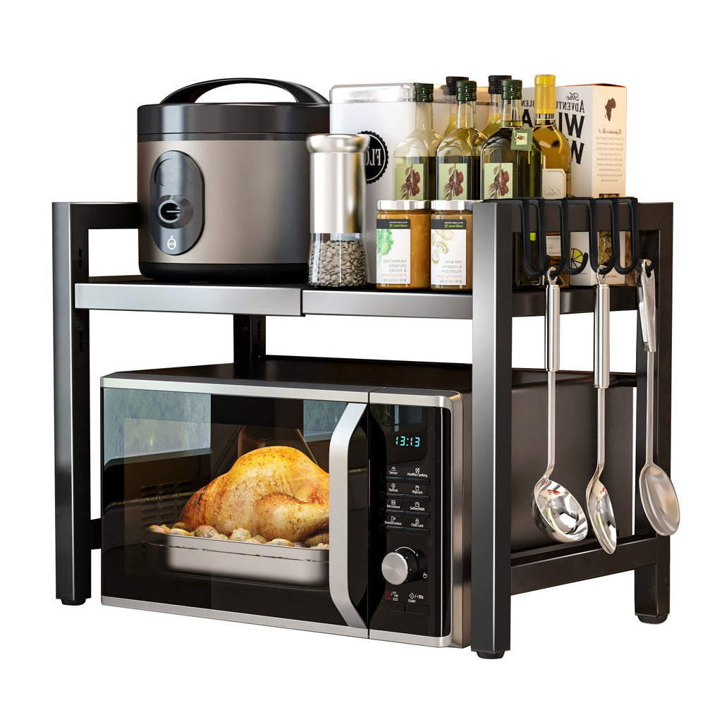 Black Expandable Microwave Rack with 6 Hooks, Single Tier