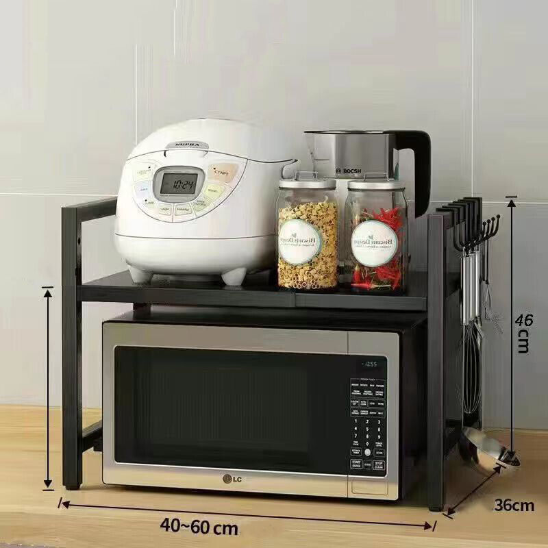 Black Expandable Microwave Rack with 6 Hooks, Single Tier
